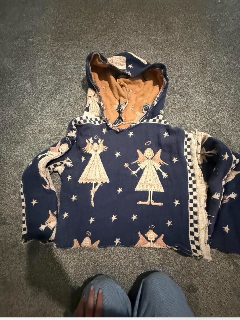 Handmade upcycled angel navy tapestry blanket distressed sweatshirt hoodie